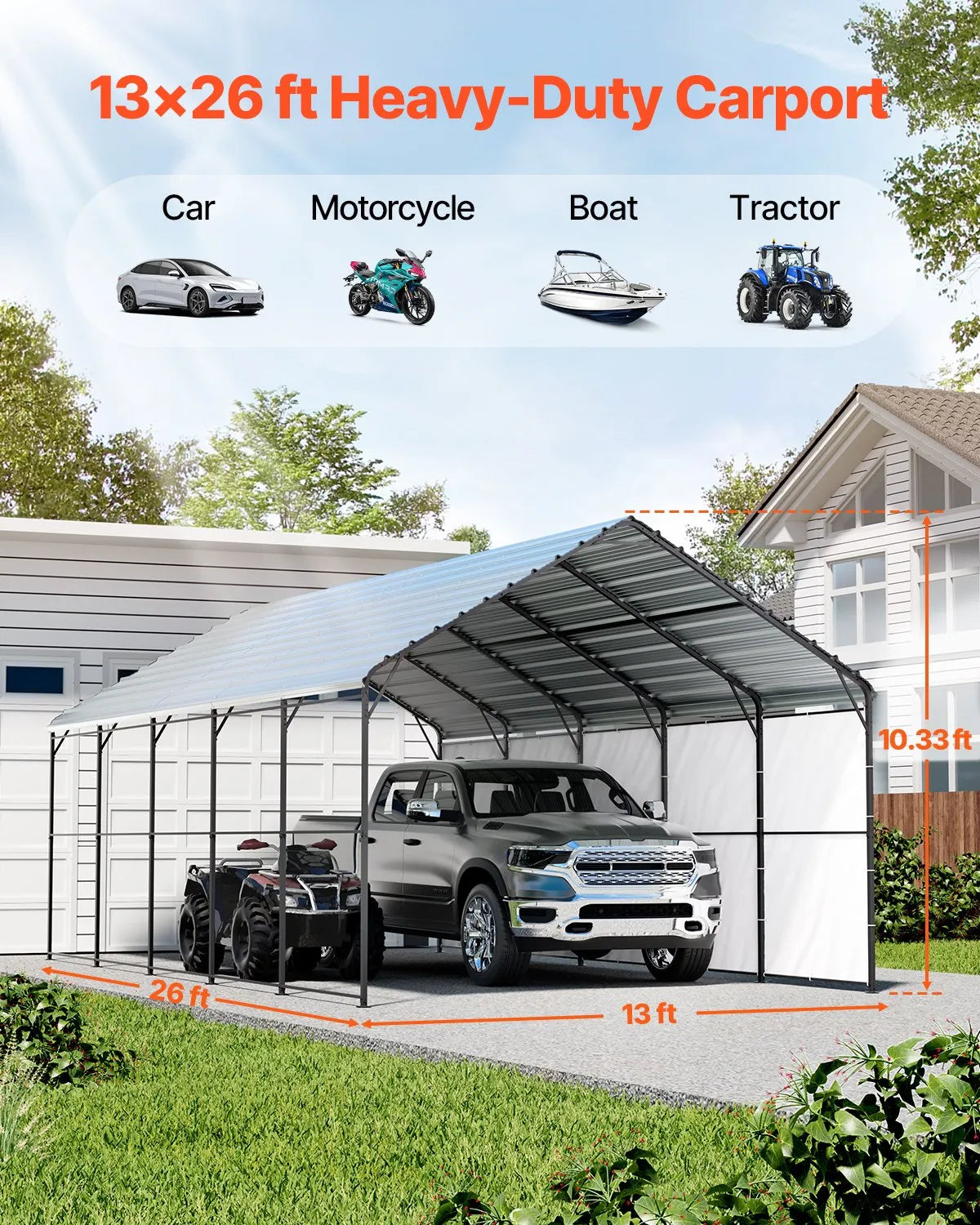 VEVOR 13' x 26' Metal Carport Heavy Duty Outdoor Car Shelter Garage for Boats