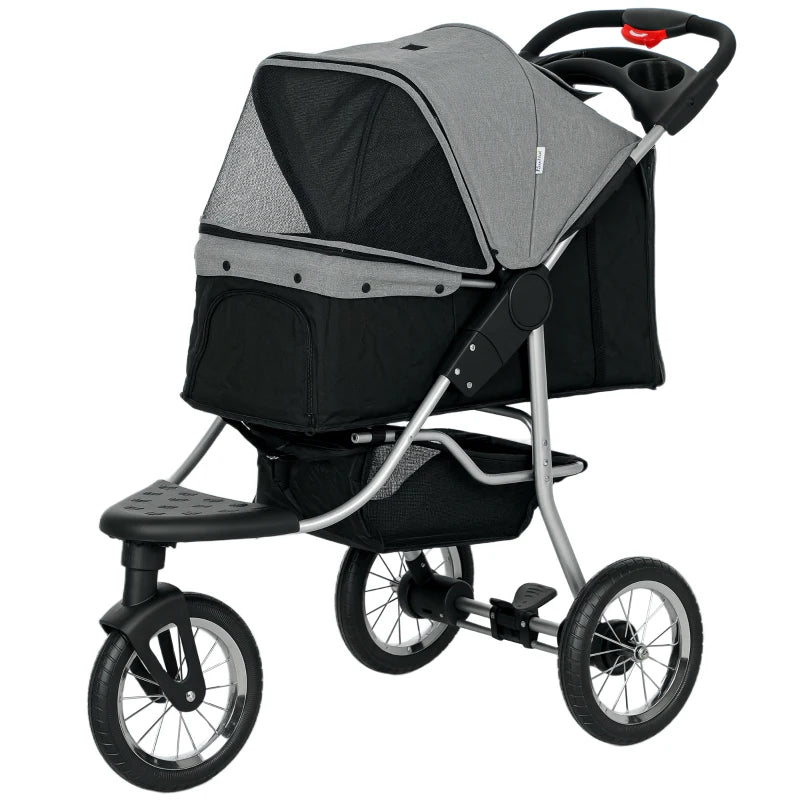 Small Dog Stroller, 3-Wheel Foldable Pet Stroller with Adjustable Canopy and Zippered Mesh Door for Pet Owners, Grey