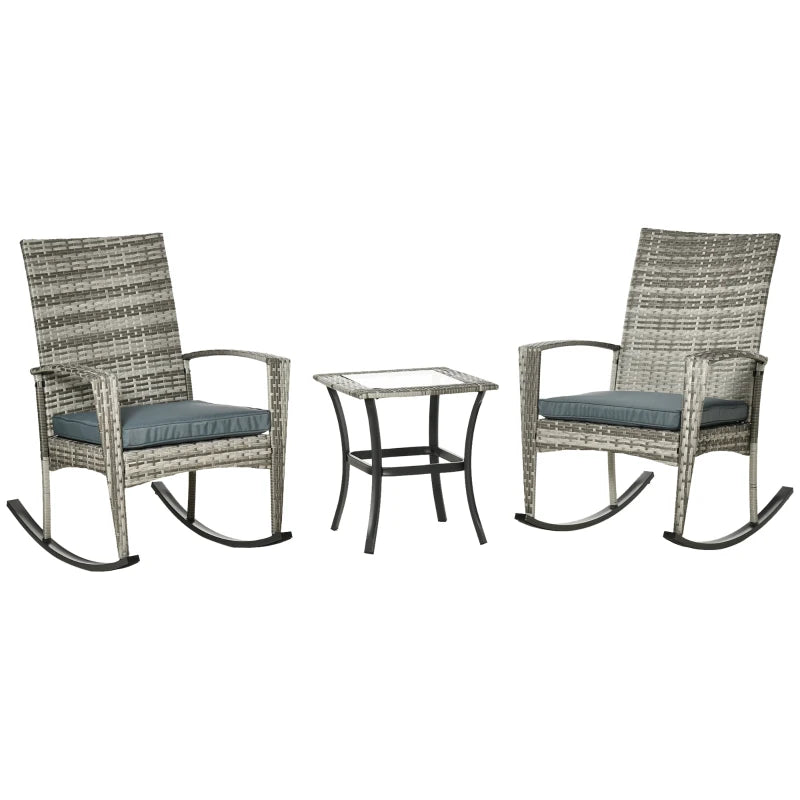 3 Pieces Patio Wicker Rocking Chair Set, Outdoor PE Rattan Bistro Set Conversation Rocker Set with 2 Chairs 1 Coffee Table for Backyard, Deck, Poolside, Grey