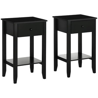 Side Table Set of 2, End Tables with Drawer and Bottom Shelf, 2-tier Nightstand for Bedroom, Living Room, Black