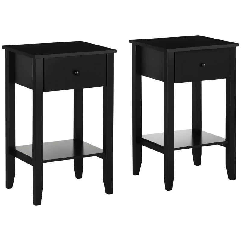 Side Table Set of 2, End Tables with Drawer and Bottom Shelf, 2-tier Nightstand for Bedroom, Living Room, Black