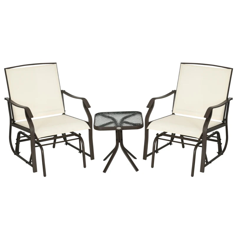 3 Piece Patio Glider Set Outdoor Gliders with Breathable Mesh Seat, Glass Top Table for Garden, Yard, Cream White