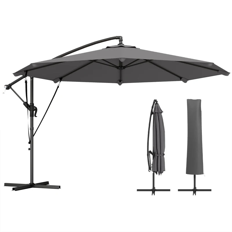 10FT Cantilever Patio Umbrella with 8 Ribs, Offset Patio Umbrella with Cover and Wind Ropes for Garden, Yard, Dark Grey