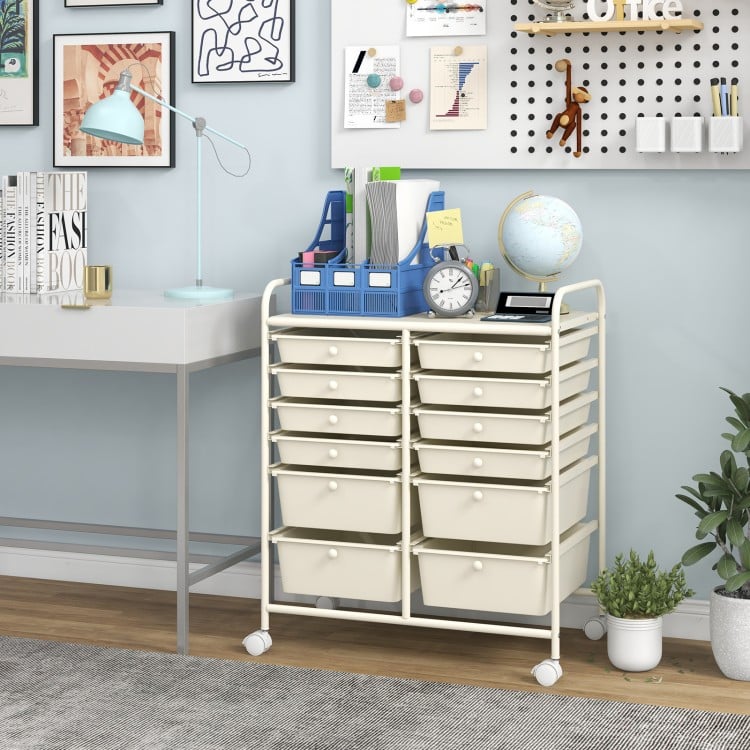 12-Drawer Rolling Storage Cart with Removable Drawers and Lockable Wheels-Beige