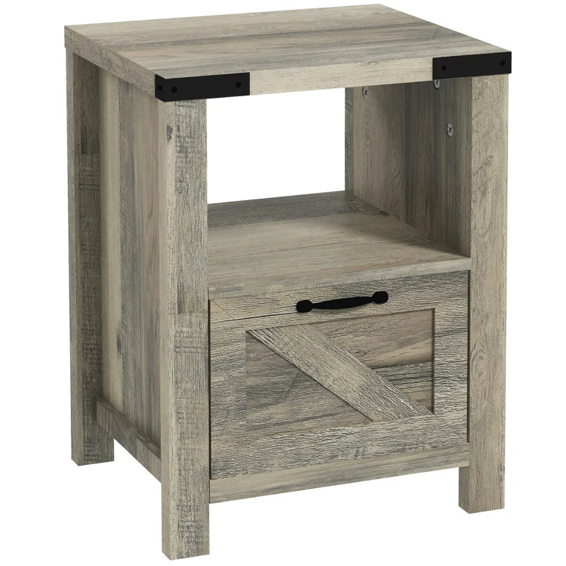 Small Side Table with Storage, Farmhouse End Table with Drawer, Open Shelf and Barn-style Panel, Nightstand for Living Room, Bedroom, Grey