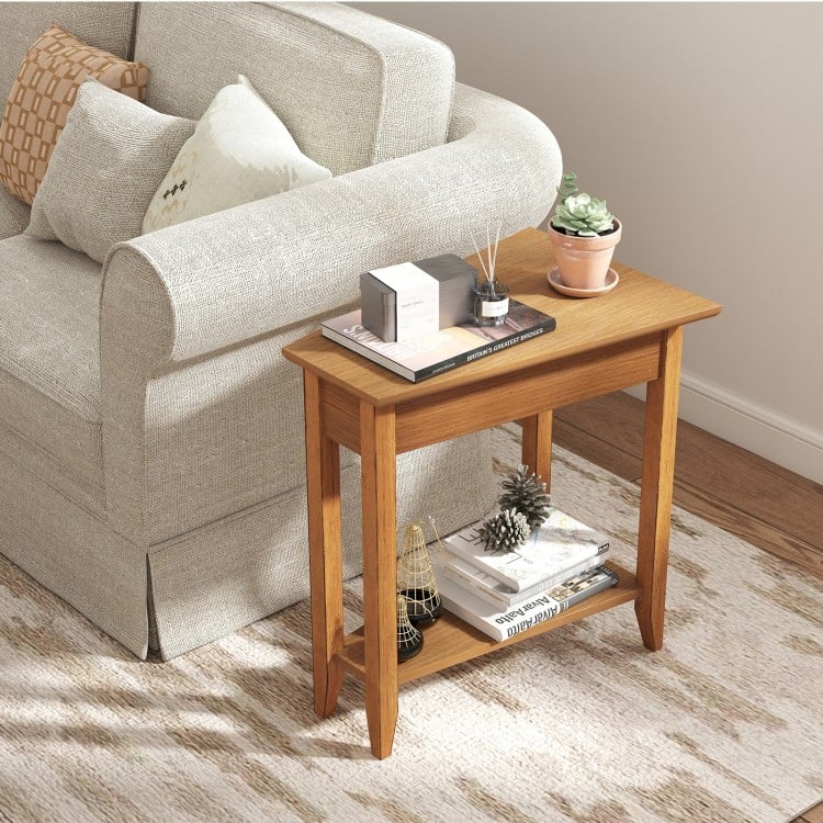 2-Tier Wedge Narrow End Table with Storage Shelf and Solid Wood Legs-Walnut