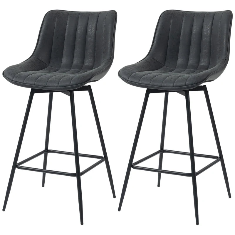 Set of 2 Counter Height Barstools, PU Leather Upholstered Bar Stools with Backrest, Footrest and Steel Legs, Black