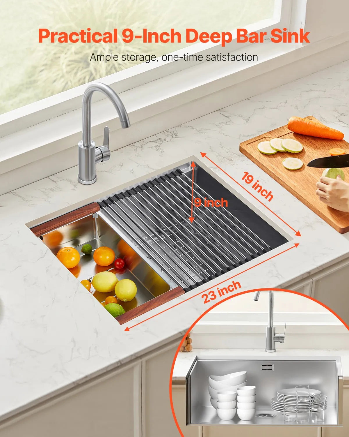 VEVOR 23" Kitchen Sink Undermount Single Bowl Drop-In Basin Stainless Steel Bar