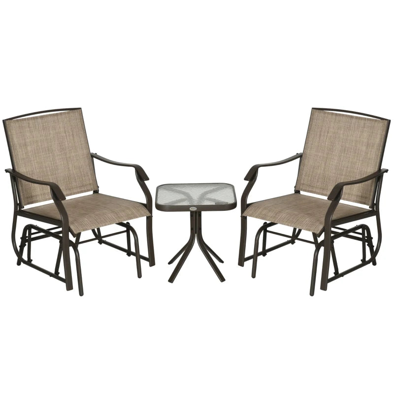 3 Piece Patio Glider Set Outdoor Gliders with Breathable Mesh Seat, Glass Top Table for Garden, Yard, Mixed Brown