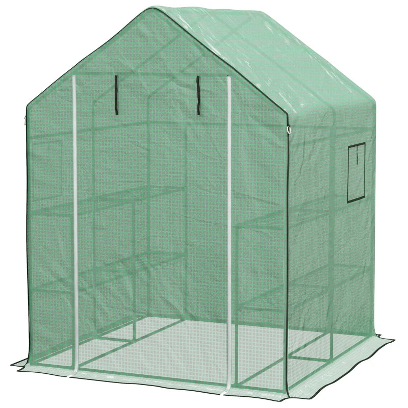 4.6' x 4.7' x 6.2' Walk-in Greenhouse with 3 Tier 8 Shelves, Outdoor Green House with Reinforced PE Cover, Garden Plant Grow Hot House Roll-up Door and Mesh Windows, Green