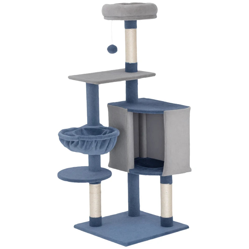 48" Modern Cat Tree with Condo, Hammock, Perch, Sisal Scratching Posts, Toy Ball, for Indoor Cats, Blue and Grey