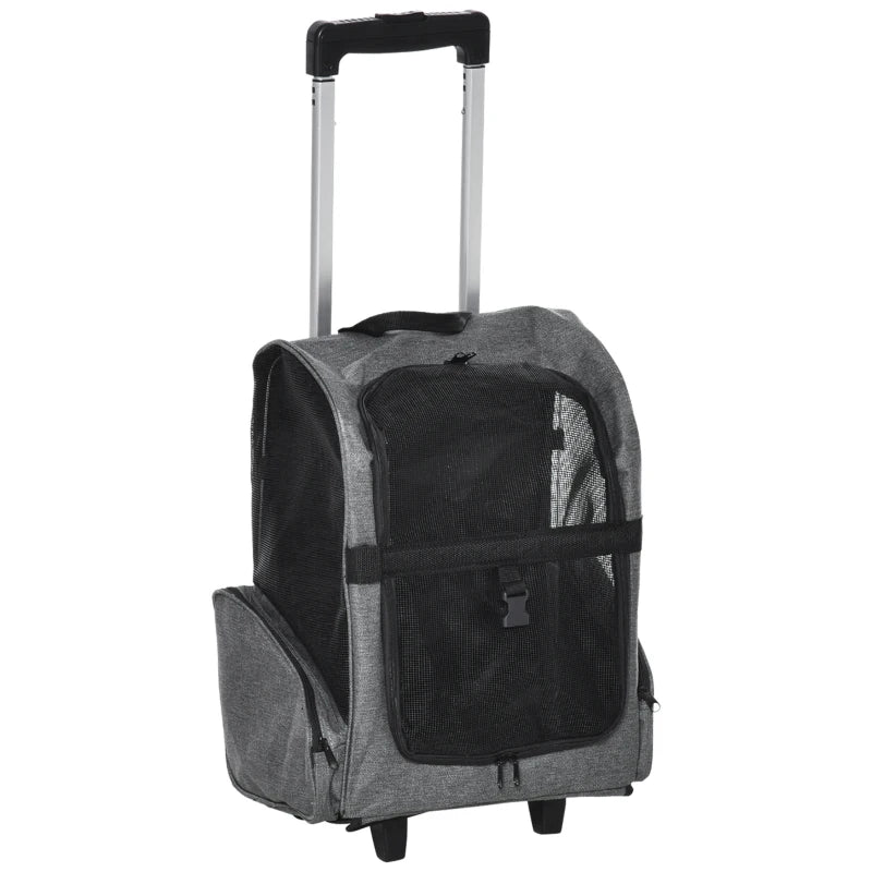 2-IN-1 Pet Luggage Box Backpack Carrier Cats Dogs w/ Handle, Rolling Wheel Grey