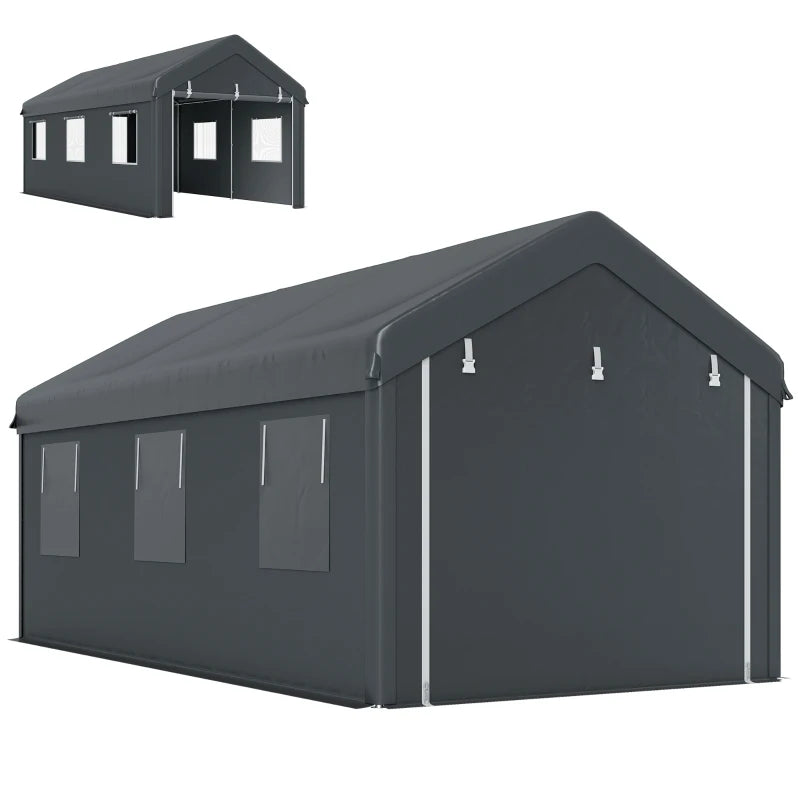 10' x 20' Carport, Heavy Duty Portable Garage with 6 Mesh Windows and 2 Doors, Dark Grey