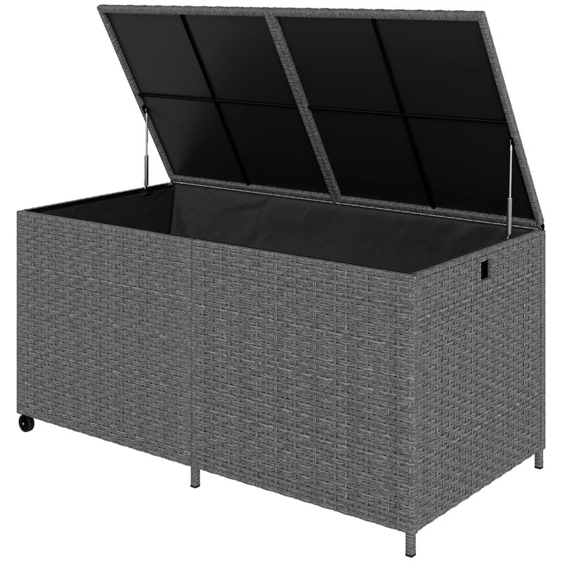 162 Gallon Rattan Deck Box with Wheels, Wicker Outdoor Storage Box with Waterproof Zippered Liner, Safe Pneumatic Rod