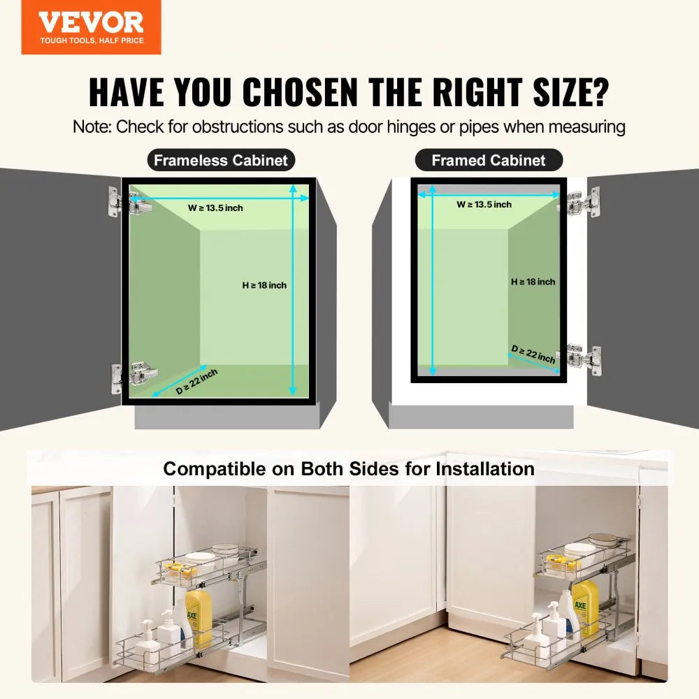 VEVOR 2-Tier Wire Pull Out Cabinet Under Sink Organizer 12"x21" Drawer Basket