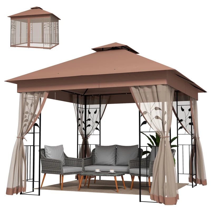 10'x10' Soft-top Steel Patio Gazebo Outdoor Sun Shelter with 2-Tier Polyester Roof, Curtain Sidewalls, Dark Brown