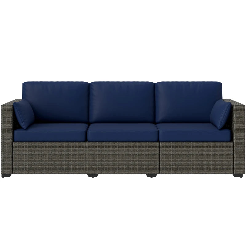 3-Seater Outdoor Sofa with Cushions, PE Rattan Conversation Patio Couch with Pillows for Garden, Poolside, Blue/Brown