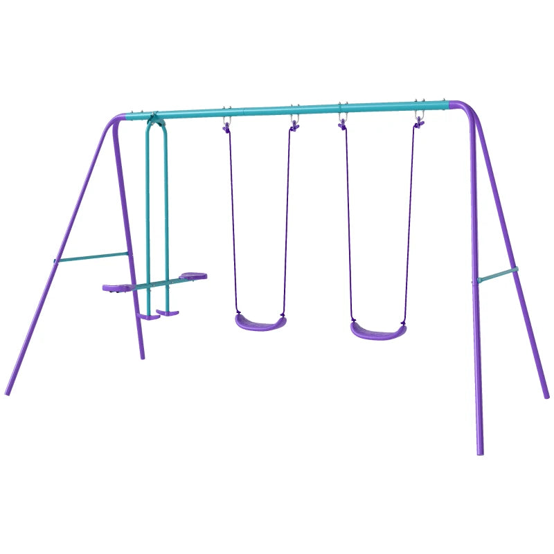 3 in 1 Metal Swing Set with Double Swings, Glider for Backyard, Outdoor, Playground, Purple