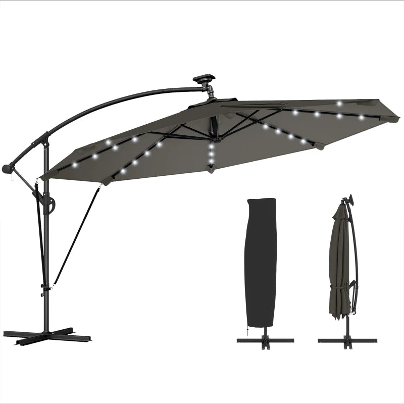 11.3 ft Cantilever Patio Umbrella with Light, Cover, Aluminium UPF50+ Offset Outdoor Umbrella Parasol, Dark Grey