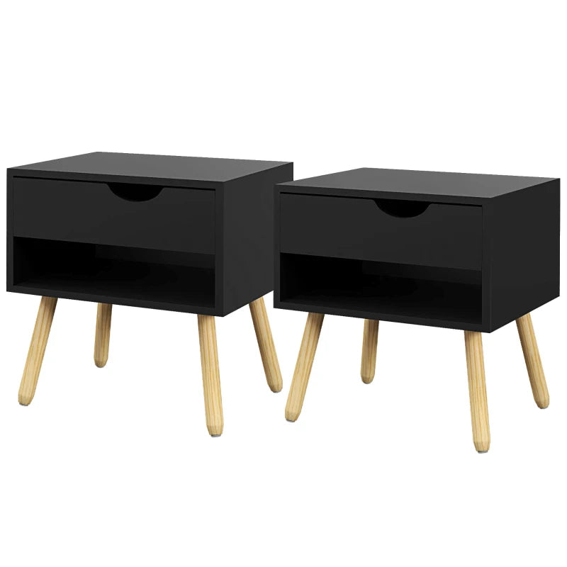 Set of 2 Nightstands with Storage Drawer and Shelf, Modern Bedside Table for Bedroom, Black