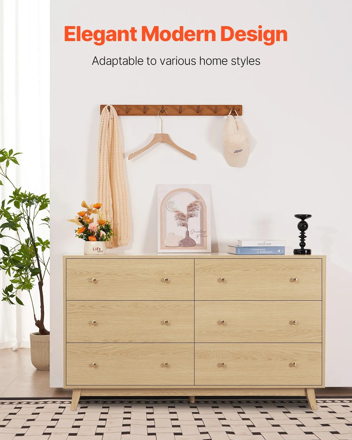 VEVOR 6 Drawer Dresser Wooden Chest of Drawers with Sliding with Anti-tip Device