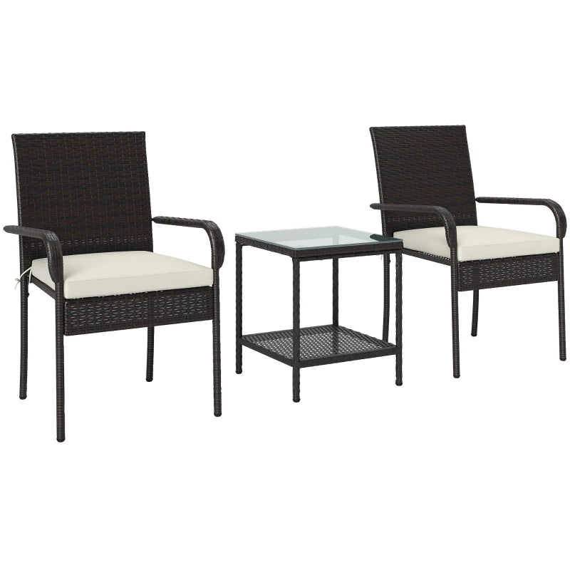 3 Piece Wicker Patio Furniture Set with Stackable Chairs, Washable Cushion, Tempered Glass Top, for Backyard, Brown