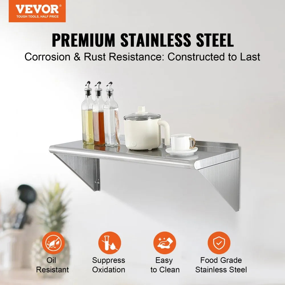 VEVOR 12" x 36" Stainless Steel Shelf, Wall Mounted Floating Shelving with Brackets, 250 lbs Load Capacity Commercial Shelves, Heavy Duty Storage Rack for Restaurant, Kitchen, Bar, Home, and Hotel