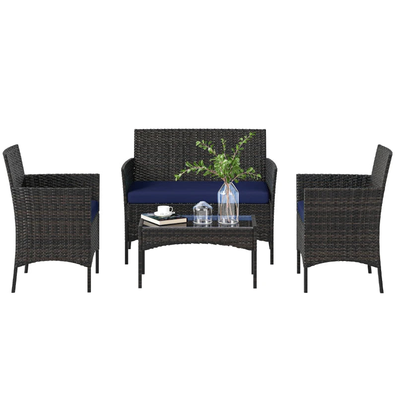 4 Pieces Wicker Outdoor Balcony Furniture Set Rattan Patio Furniture Set with Loveseat Chairs Glass Coffee Table Navy Blue