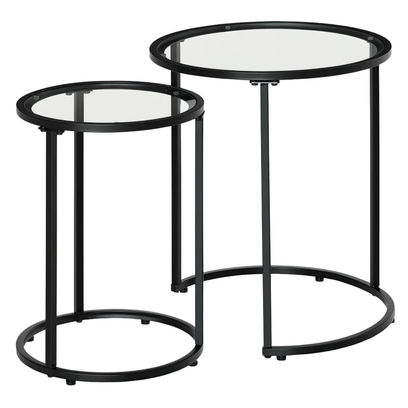 Set of 2 Nesting Coffee Tables with Metal Base, Round Side Table with Tempered Glass Tabletop for Living Room, Bedroom, Black