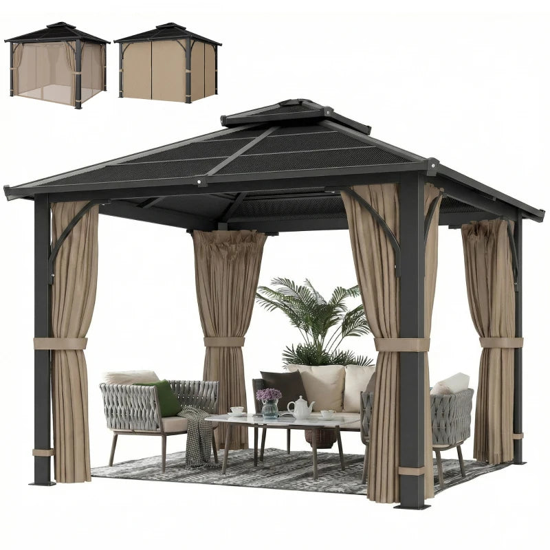 10' x 10' Hardtop Gazebo with 7mm Double Polycarbonate Roof, Outdoor Gazebo with Netting and Curtains, Khaki