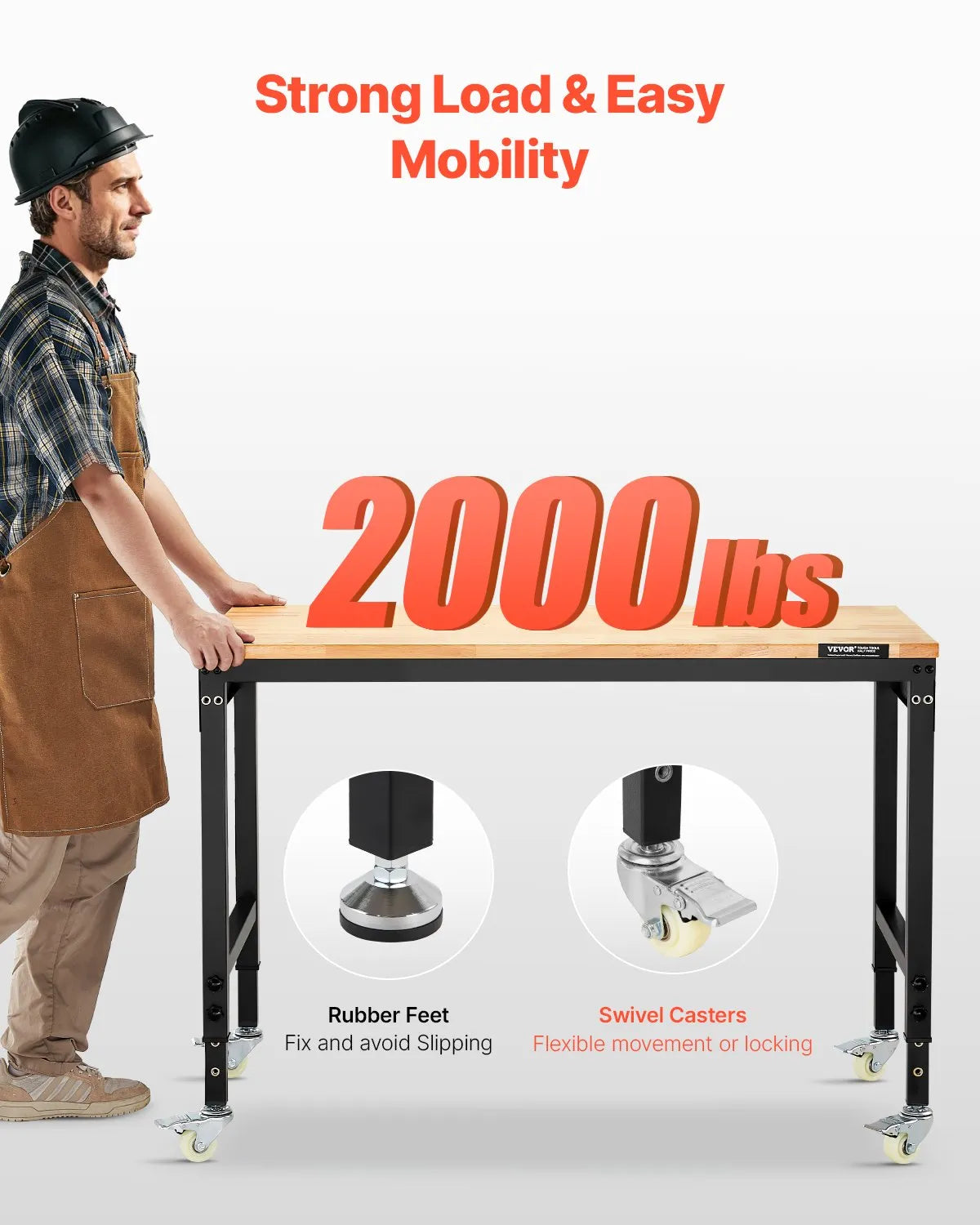 VEVOR 48" Workbench on Wheels Adjustable Height Table with Power Outlet & Pegboard