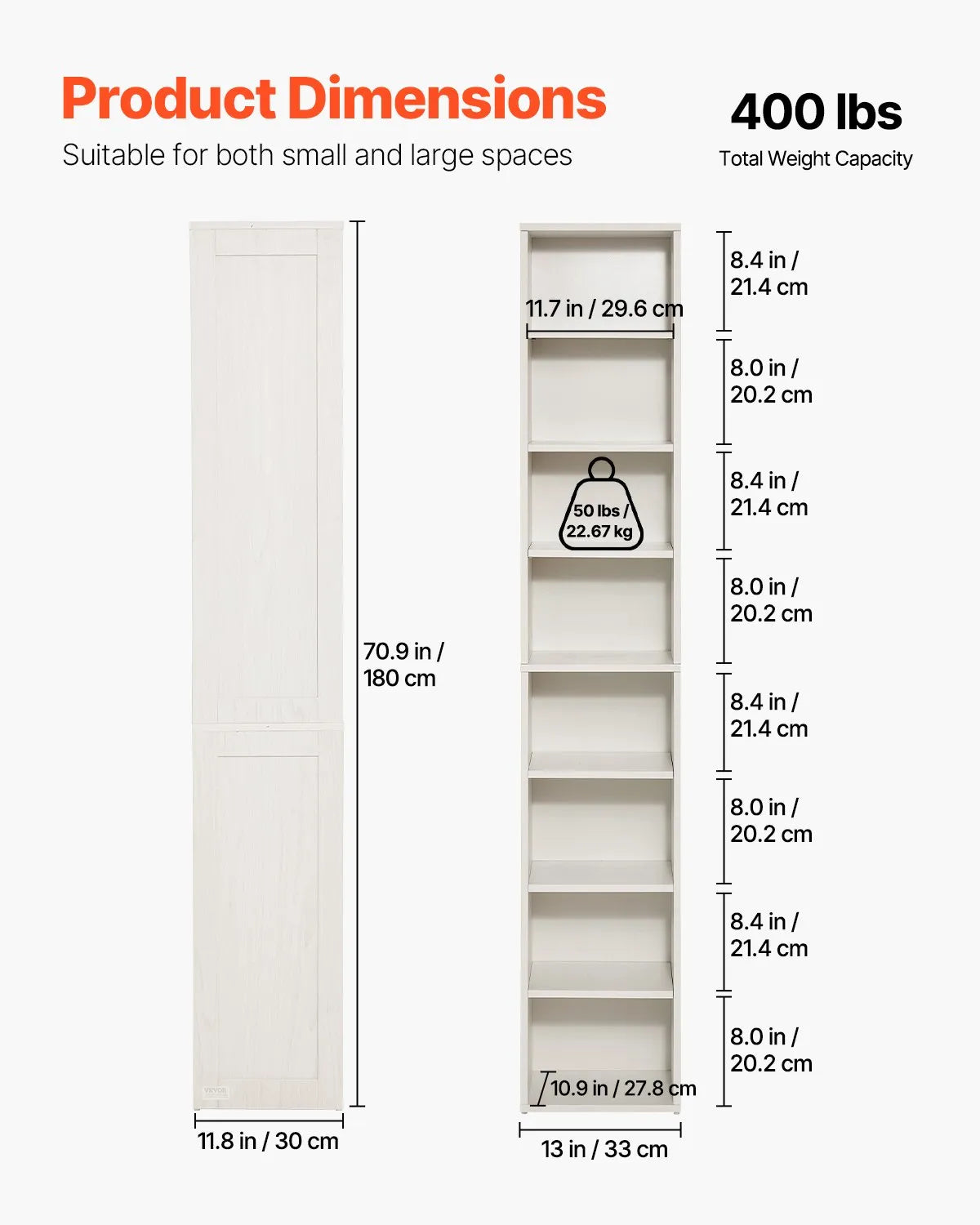 VEVOR 8 Tiers Narrow Bookshelf 71" Wooden Open Bookcase Adjustable Shelf White
