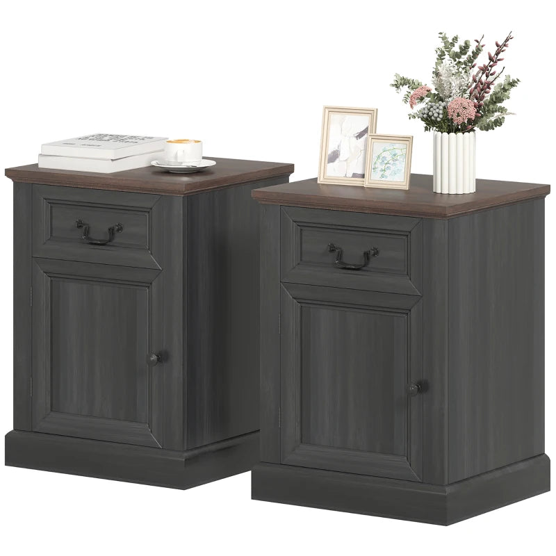Side Table Set of 2, End Tables with Drawer and Cabinet, Nightstands for Small Spaces, Living Room, Black