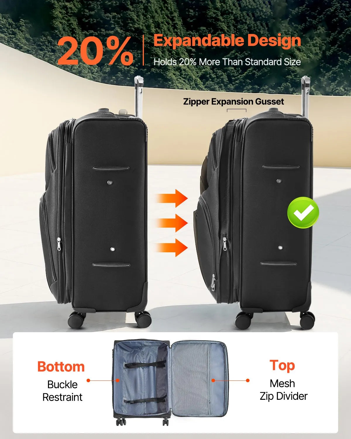 VEVOR 28" Softside Expandable Luggage with Spinner Wheels Checked Suitcase Black