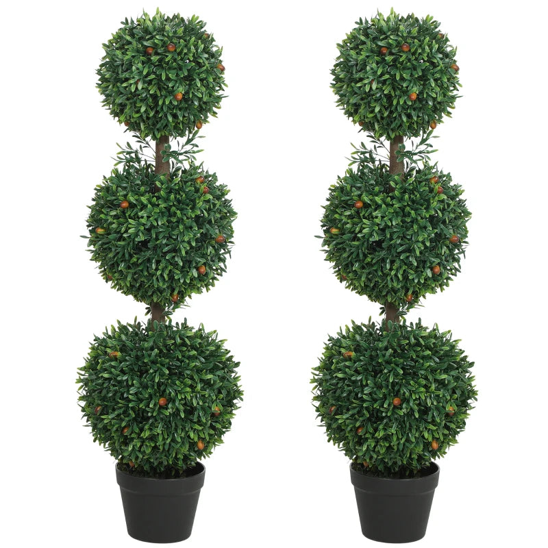 3.3FT Artificial Boxwood Topiary Tree Set of 2, Faux Three Ball Topiary Tree in Pot for Indoor Outdoor Decor, Green