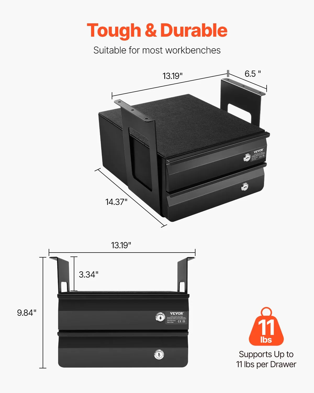 VEVOR 2 Drawer 13" Lockable Under Desk Drawer Organizer Slide-out Drawer Office