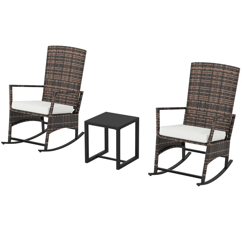 3 Piece Rocking Bistro Set, Wicker Patio Furniture with 3-Level Reclining High Back Rocking Chair and Glass Table, White