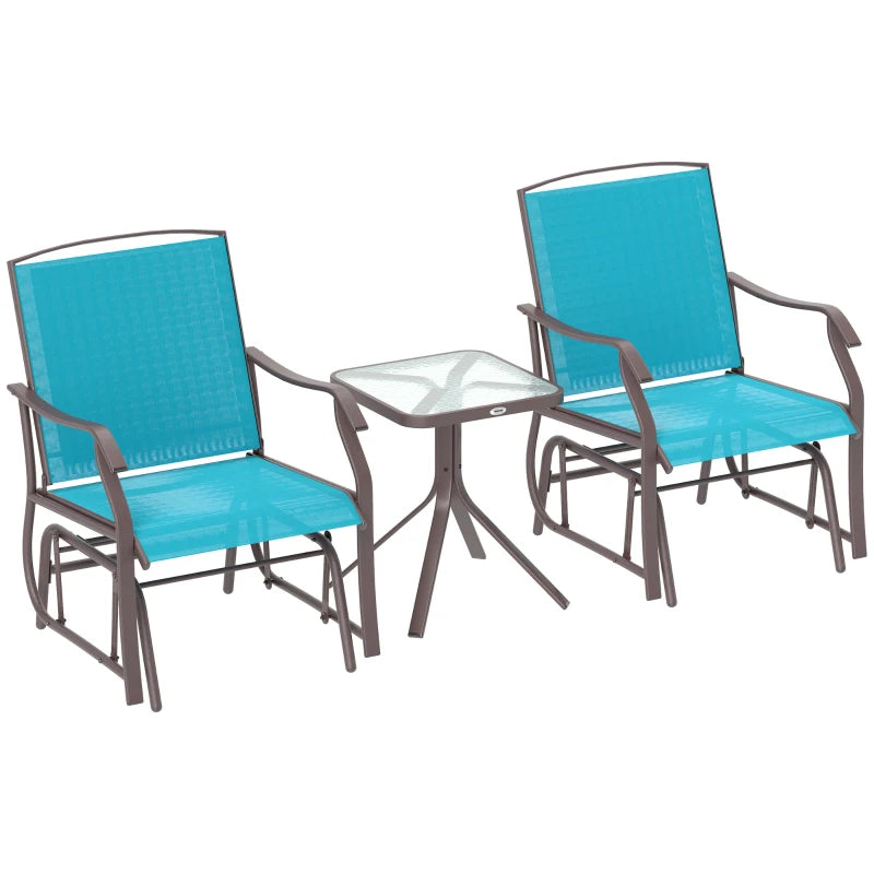3 Piece Patio Glider Set Outdoor Gliders with Breathable Mesh Seat, Glass Top Table for Garden, Yard, Blue