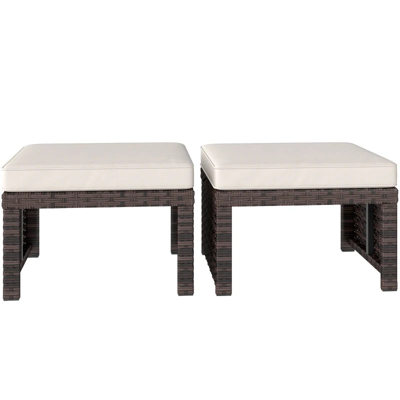 2 Pieces Wicker Outdoor Ottomans with Removable Cushions, Rattan Outdoor Seating, Footrest and Side Table, Khaki