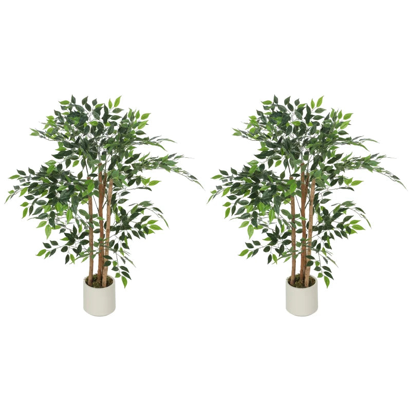 4FT Artificial Banyan Tree Set of 2, Fake Potted Tree with Solid Wood Trunk and Pot for Indoor