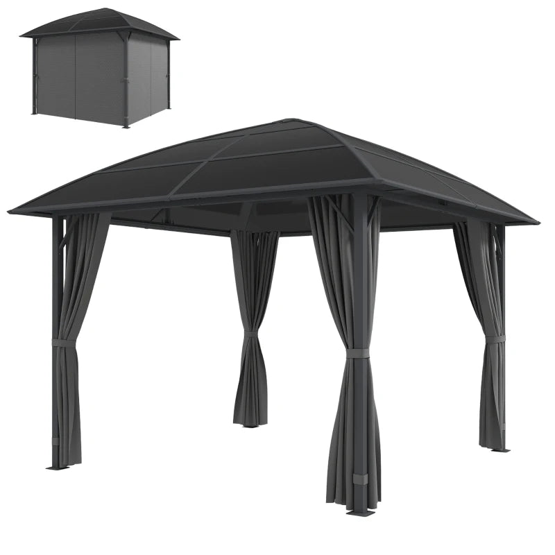 10' x 10' Outdoor Hardtop Gazebo Canopy with UV50+ Polycarbonate Roof, Steel Frame, Central Hook, Curtains, Light Grey