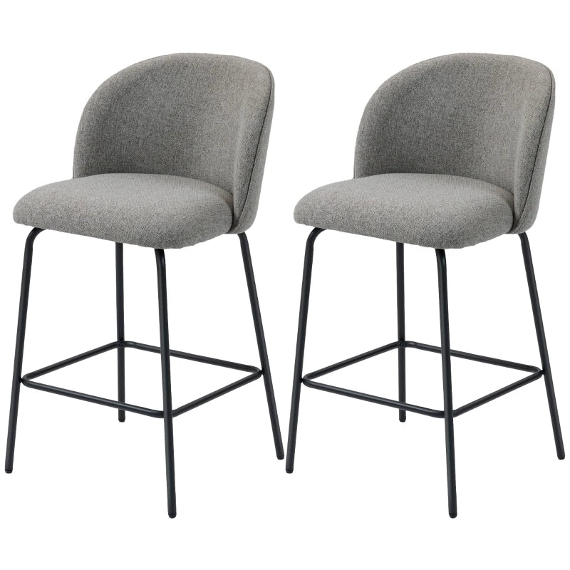 Set of 2 Counter Height Barstools, Upholstered Linen Bar Stools with Backrest, Footrest and Steel Legs, Dark Grey