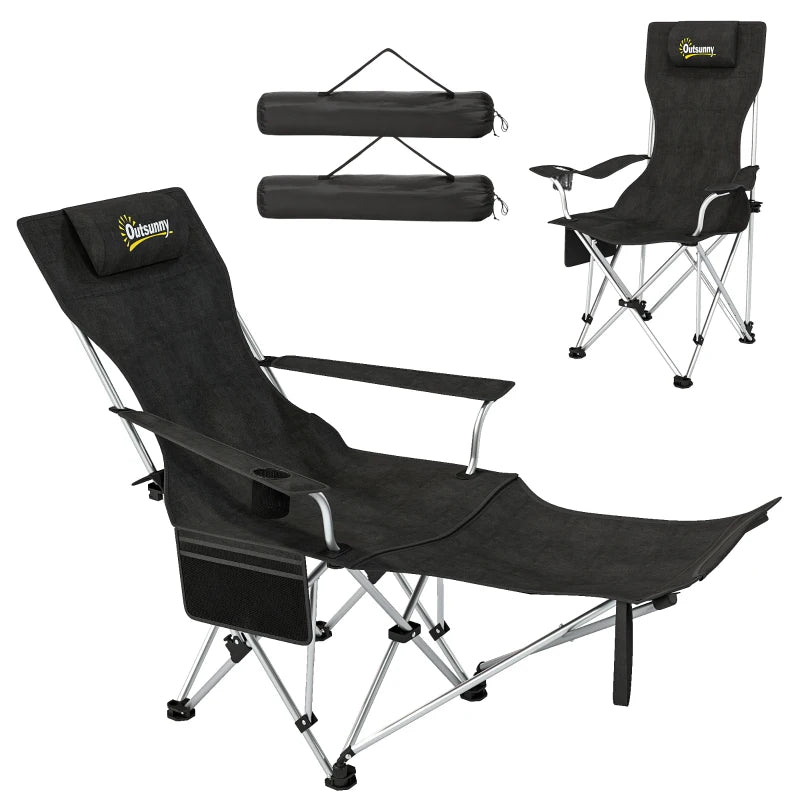 Set of 2 Reclining Camping Chair with Foot Rest, Folding Camping Chair w/ Headrest, Cup Holder, Storage Bag, Black