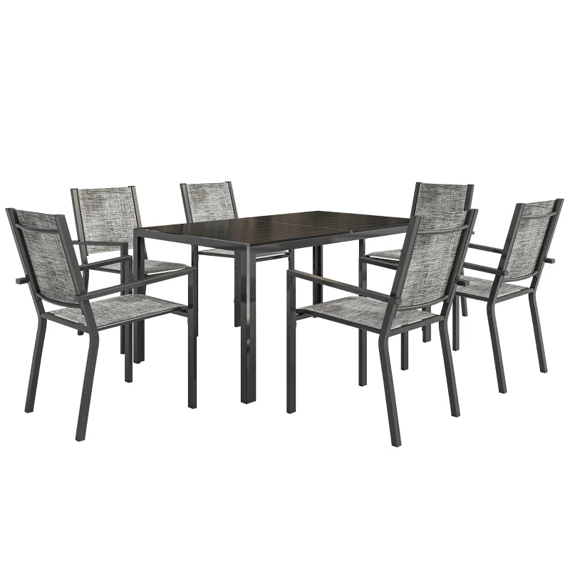 7 Piece Outdoor Dining Set with 6 Stackable Chairs, Rectangle Table, WPC Slatted Top, Rust-Resistant Steel Frame
