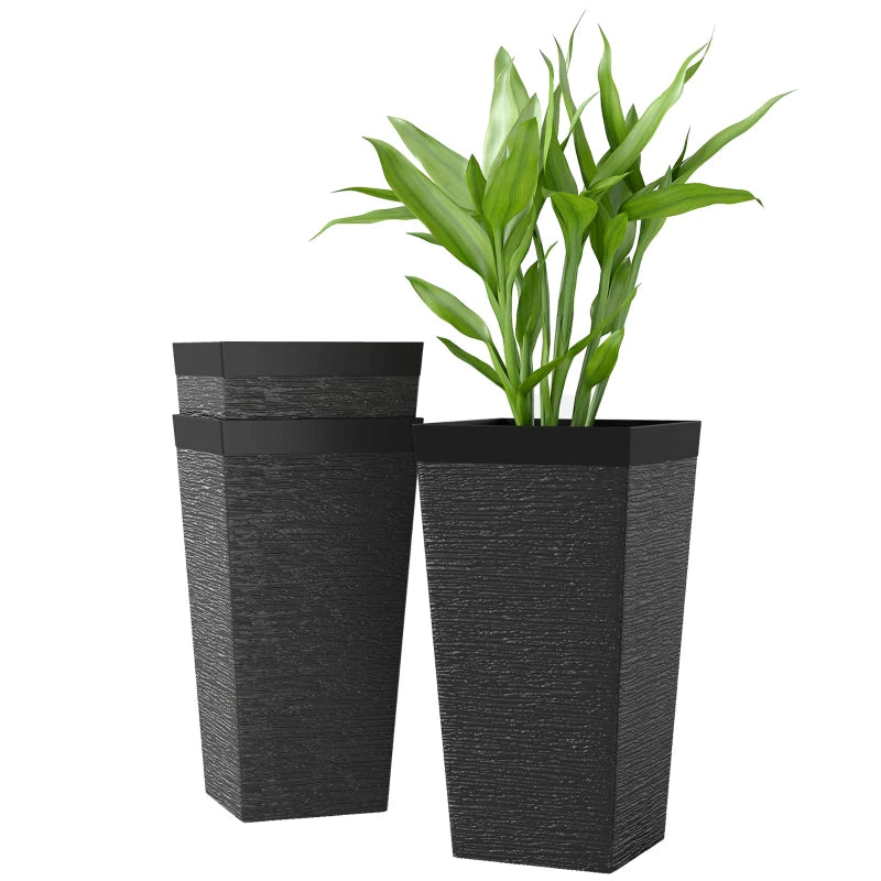 22.8" Tall Planters Set of 3, Indoor Outdoor Taper Planters with Stone Finish, Wheels and Drainage Hole, Black