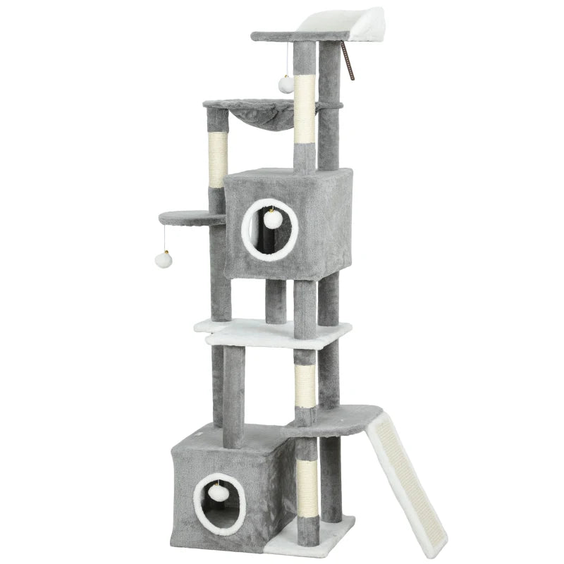 65 Inch Cat Tree with 2 Doors Condos, Plush Top Perch, Hammock, Sisal Scratching Posts, 4 Pompoms, Ramp, Grey