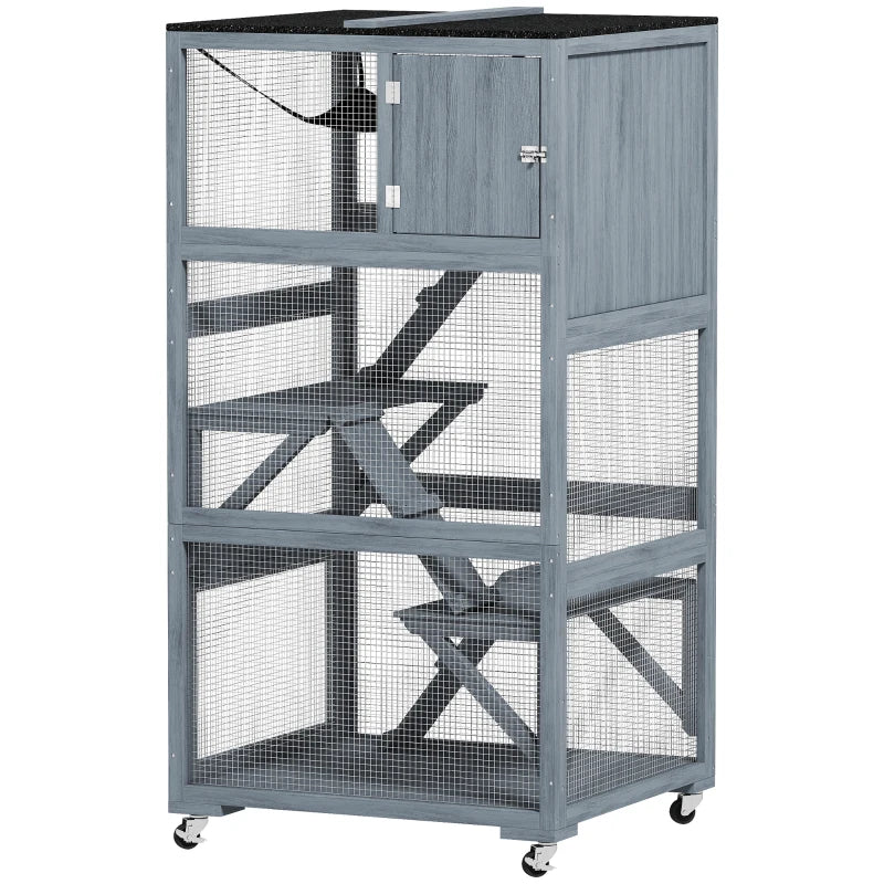 66"H Catio Outdoor Cat Enclosure on Wheels with Hammock Multiple Platforms Resting Condo Ramps for 1-3 Cats, Grey