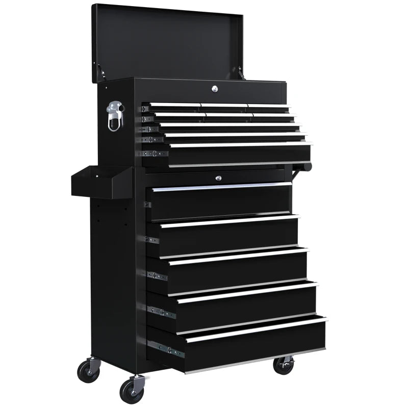 14 Drawer Rolling Tool Chest, Lockable Tool Storage Cabinet with Detachable Top Toolbox, Protective Liner, Black