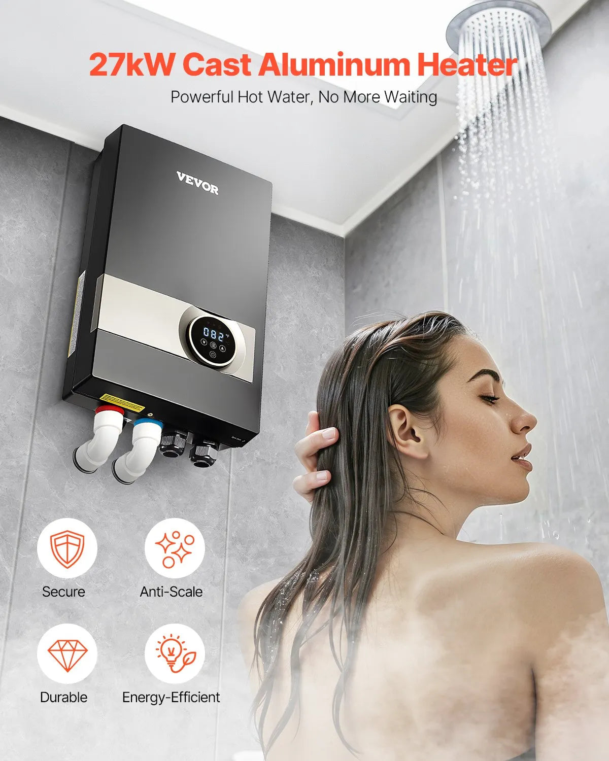 VEVOR 27kW Tankless Electric Water Heater Instant Hot with LCD Child Lock