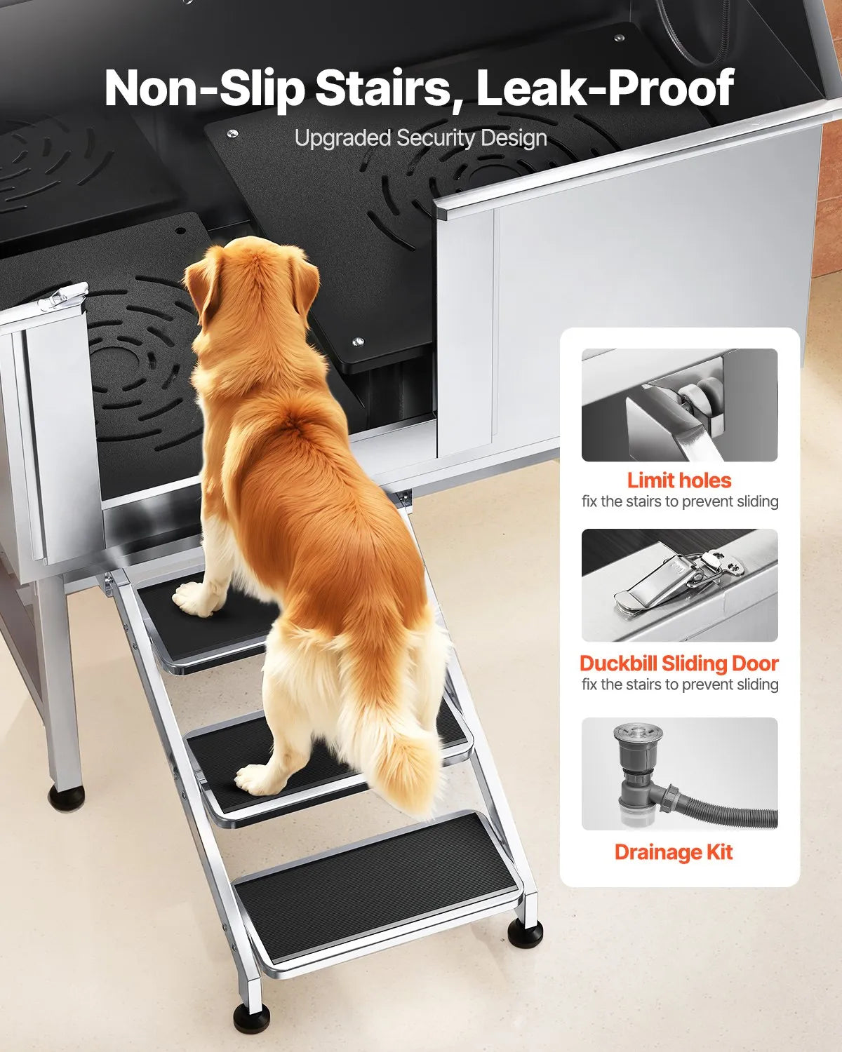 VEVOR 50 Inch Dog Grooming Bath Tub Stainless Steel w Stairs Water Filter Left